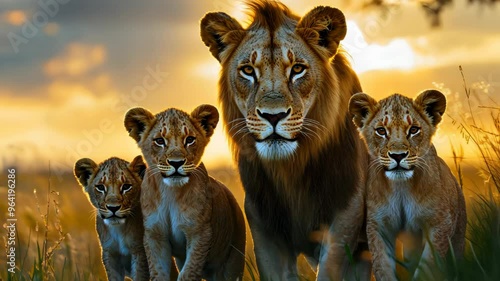 A pride of lions, including a large male, stand in a field of tall grass