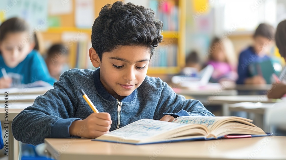A student writing a book report in a classroom, with reference books open on the desk A student writing a book report in a classroom, with reference books open on the desk
