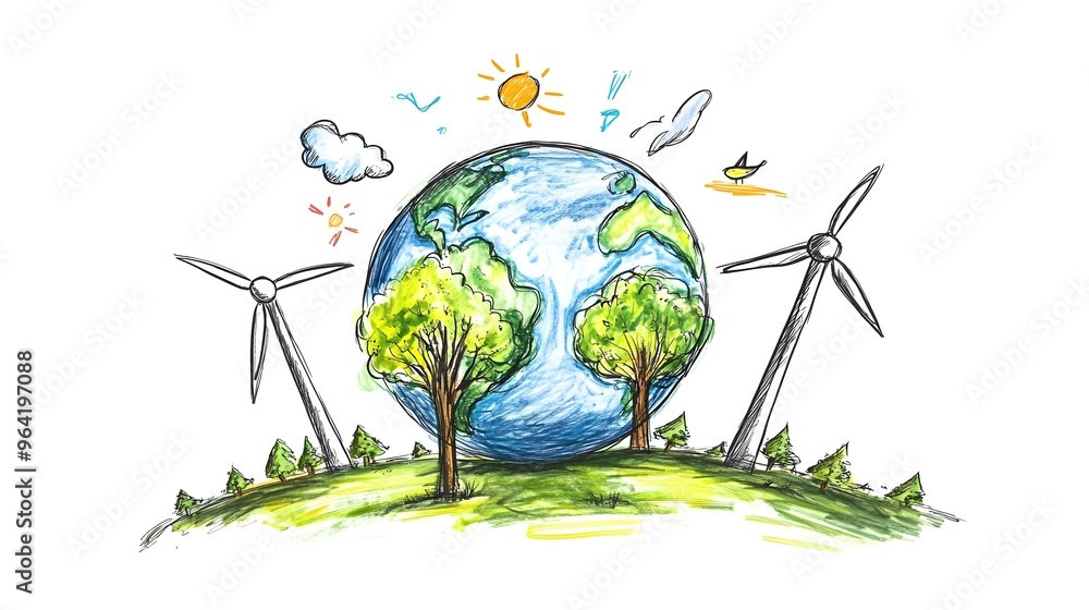 Hand-Drawn Eco Globe with Renewable Energy Icons Representing Sustainable Development Hand-Drawn Eco Globe with Renewable Energy Icons Representing Sustainable Development
