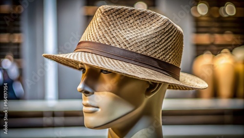 A woven fedora hat with a wide brim and indented crown, perched on a styled mannequin head, with subtle texture and realistic fabric folds. photo