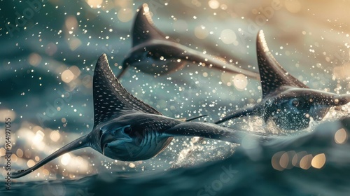 A group of whale sharks in motion, with sparkling droplets around them, photo