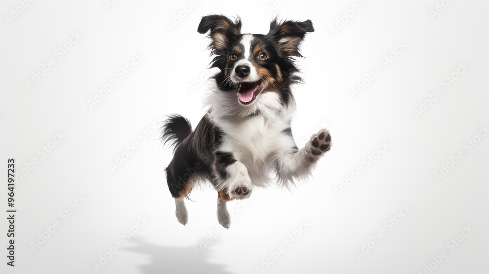 A joyful dog leaps in mid-air, showcasing its playful spirit and energy against a clean, white background. A joyful dog leaps in mid-air, showcasing its playful spirit and energy against a clean, white background.