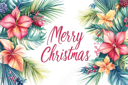 Colorful festive design featuring tropical flowers and foliage with the phrase 'Merry Christmas' in elegant script. photo