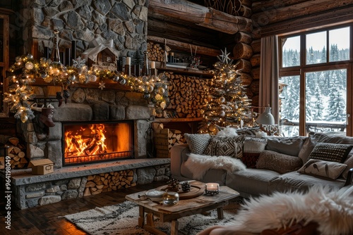 Cozy Christmas Living Room with Sofa, Fireplace, and Decorated Tree in Wooden Cabin with Stone Walls and Natural Materials