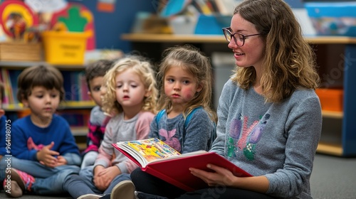 A teacher conducting a reading session with young children, sitting in a cozy reading corner of the classroom