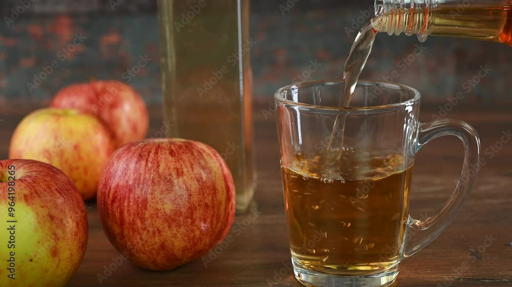 Pouring apple cider vinegar in a cup. Pouring apple cider vinegar in a cup.