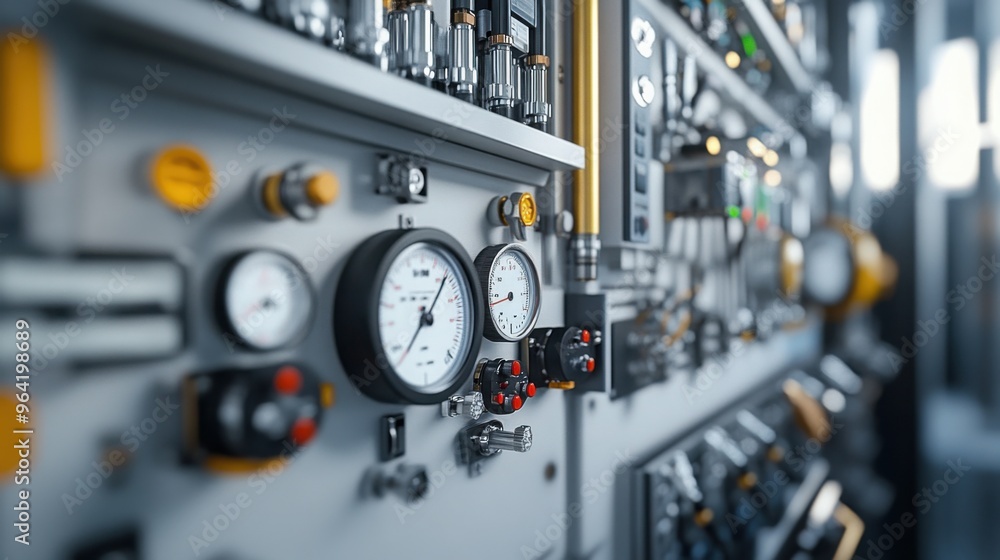 Industrial sensors and measuring instruments, mounted on a clean, modern control panel Industrial sensors and measuring instruments, mounted on a clean, modern control panel