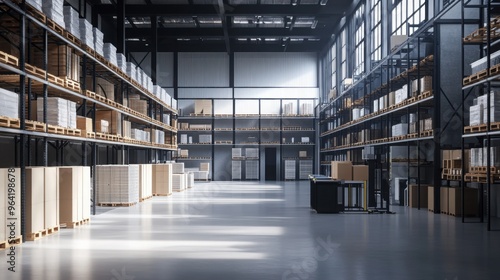 a modern warehouse with a minimalist design, showcasing organized shelves and automated logistics equipmen