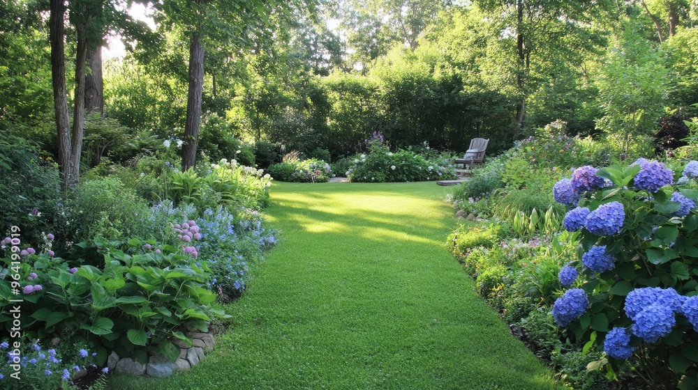 Fototapeta premium summer private garden with blooming Hydrangea Annabelle