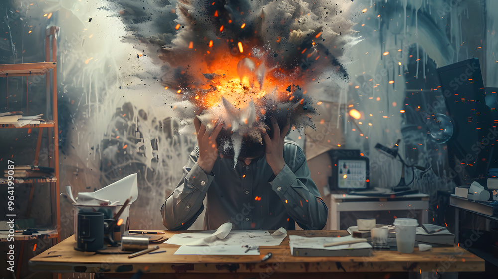 An artist with an exploding head and Symbolizing the concept of stress and mental health in a creative studio. An artist with an exploding head and Symbolizing the concept of stress and mental health in a creative studio.