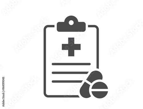 Patient report card icon. Medical history and pills. Isolated vector image in simple style