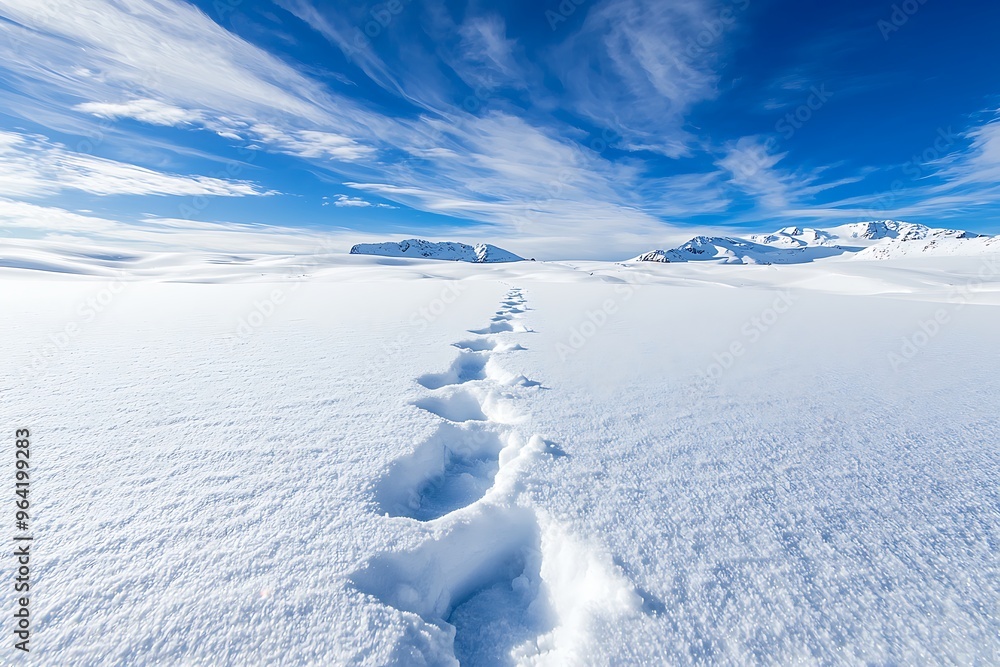 Footprints in a Snowy Landscape Under a Vast Blue Sky Footprints in a Snowy Landscape Under a Vast Blue Sky
