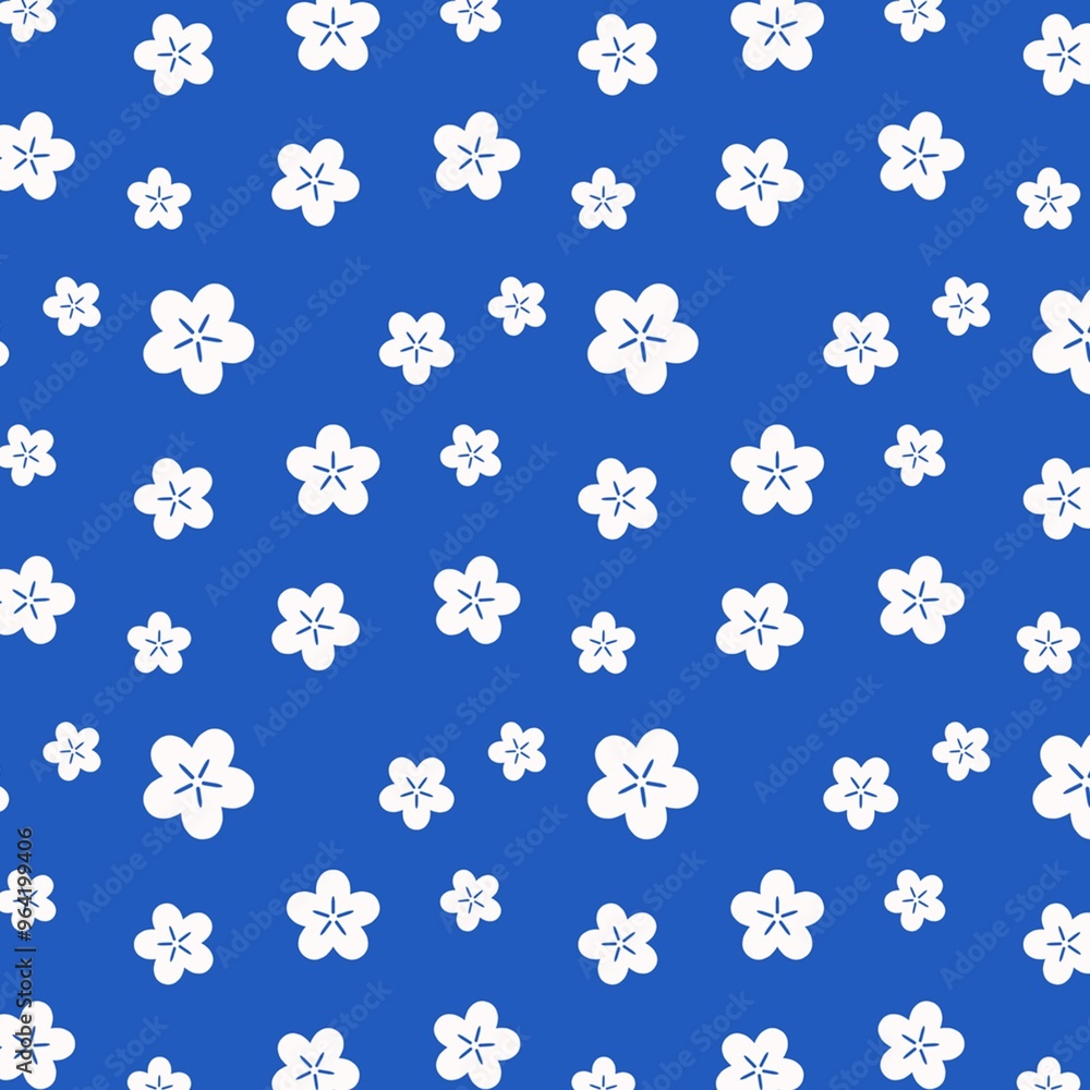 White Plum flower seamless pattern on blue wallpaper background White Plum flower seamless pattern on blue wallpaper background