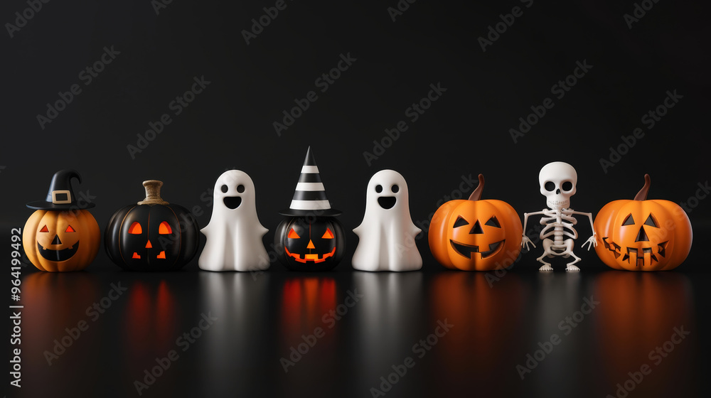 Obraz premium Cute Halloween 3D figures of pumpkins, ghosts, skeletons, dark background. Greeting card. Copy space. Generative AI