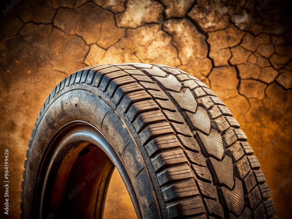Worn, rugged tire with scratches and cracks on its surface, positioned in a close-up shot with a faded brown background. Worn, rugged tire with scratches and cracks on its surface, positioned in a close-up shot with a faded brown background.