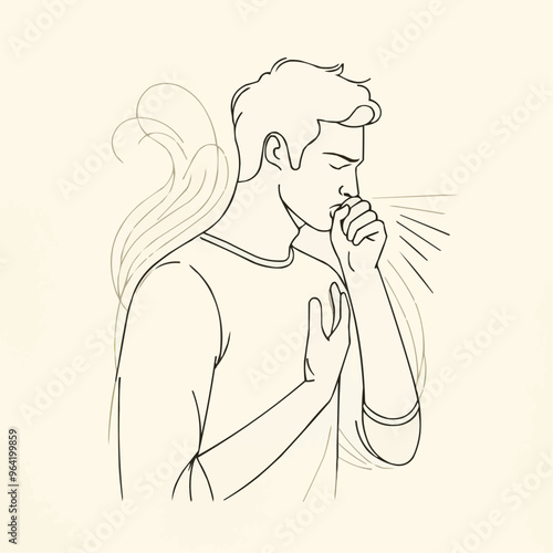 Line art of a man coughing into his hand