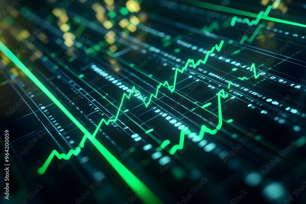 Green Upward Trend Lines on Digital Screen Green Upward Trend Lines on Digital Screen