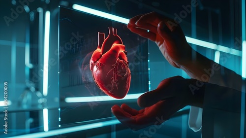 Doctor showing symbol of human heart at futuristic illisturation.
 Concept of medicine, Heart disease awarness, heart transplant or organ donation. Cardiological checkup and treatment  modern medical 