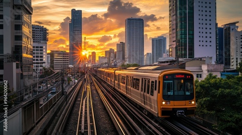 Skytrain approaching it by buildings on all sides