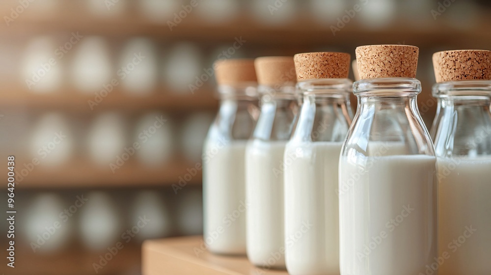 Cork-sealed glass milk bottles on display Cork-sealed glass milk bottles on display