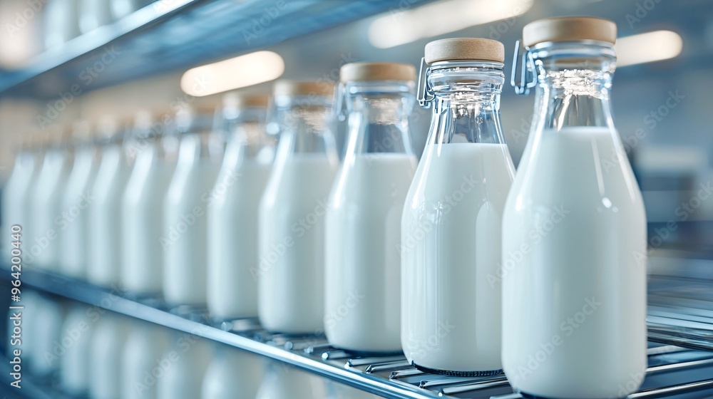 Glass milk bottles on shelves in dairy facility Glass milk bottles on shelves in dairy facility