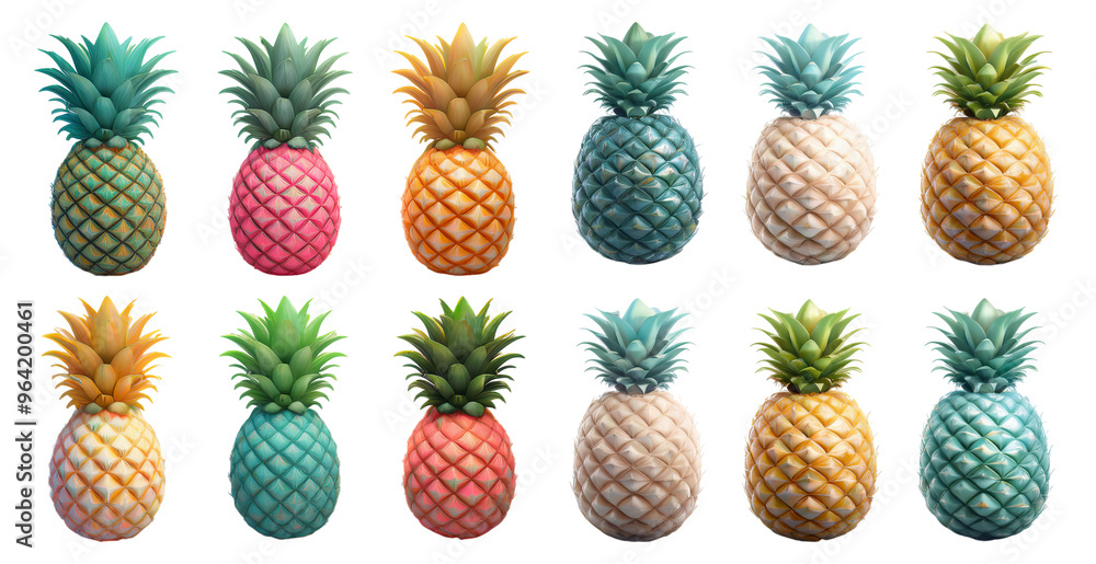 A collection of colorful pineapples with various shades and textures isolated on transparent background A collection of colorful pineapples with various shades and textures isolated on transparent background