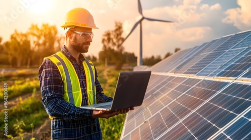 Integrated Renewable Energy Systems with Wind Turbine and Solar Panels,Engineer Holding Laptop