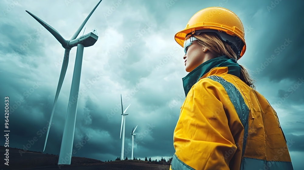 Wind Turbine Operating During a Stormy Sky with Engineer in Rain Gear Ensuring Smooth Functionality Wind Turbine Operating During a Stormy Sky with Engineer in Rain Gear Ensuring Smooth Functionality