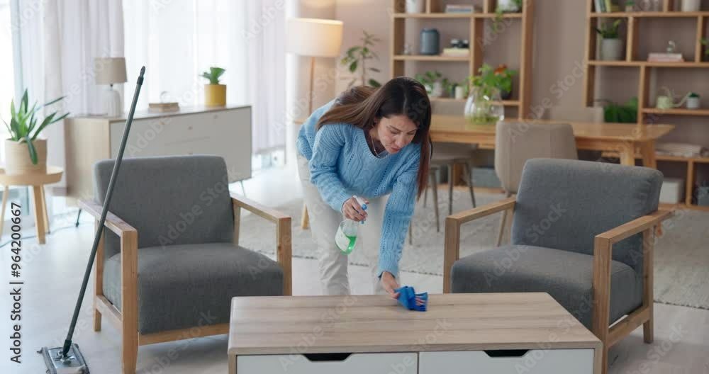Cleaner, woman and wipe table with disinfectant for spring cleaning, bacteria and household maintenance in home. Housekeeping, person and liquid chemical for dirty surface, hygiene and dust in house Cleaner, woman and wipe table with disinfectant for spring cleaning, bacteria and household maintenance in home. Housekeeping, person and liquid chemical for dirty surface, hygiene and dust in house