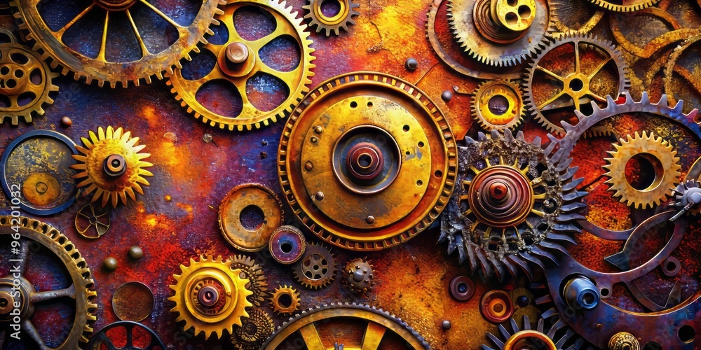 Vibrant gradient swirled around rusty gears and mechanical parts, blending hues of crimson, golden yellow, and deep indigo, with intricate textures and metallic sheen. Vibrant gradient swirled around rusty gears and mechanical parts, blending hues of crimson, golden yellow, and deep indigo, with intricate textures and metallic sheen.