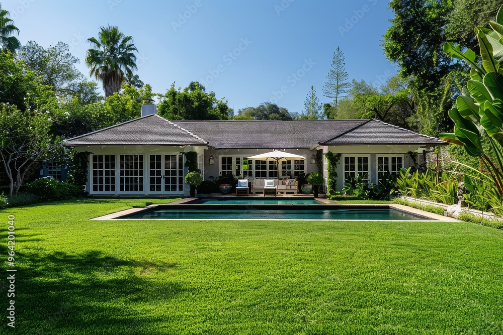 Single-Story House with Grey Shingle Roof, White Walls, Large Backyard, Small Pool, and Open Back Door, Hollywood Hills California Style Single-Story House with Grey Shingle Roof, White Walls, Large Backyard, Small Pool, and Open Back Door, Hollywood Hills California Style