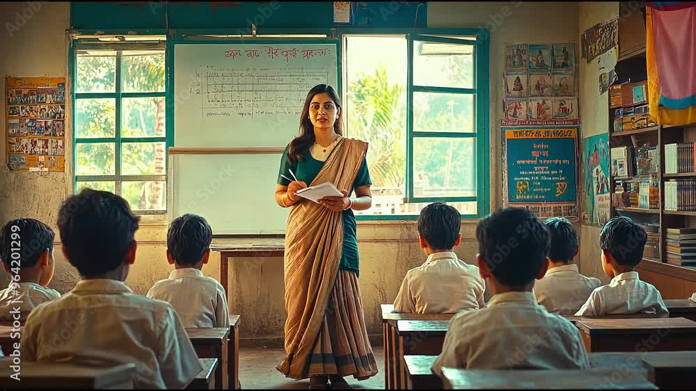 Teacher, A female teacher in a saree stands in front of a classroom of ...