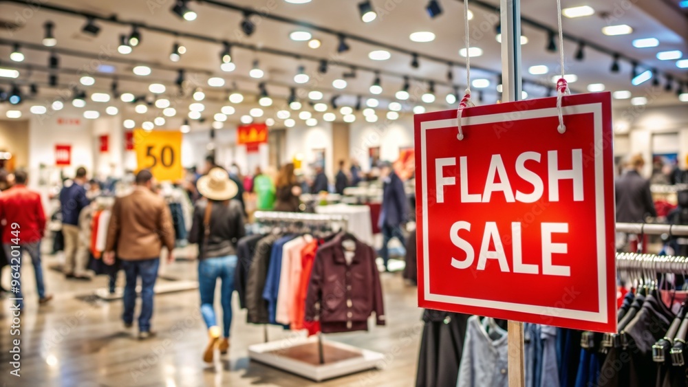 Obraz premium Flash sale sign in a busy retail store with shoppers background and copy space for promotion
