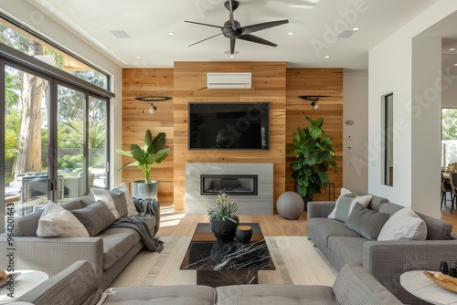 Wallpaper Mural Cozy Living Room with Grey Couches, Wood Paneling, Black Marble Coffee Table, and Ceiling Fan in Modern San Diego Home Torontodigital.ca