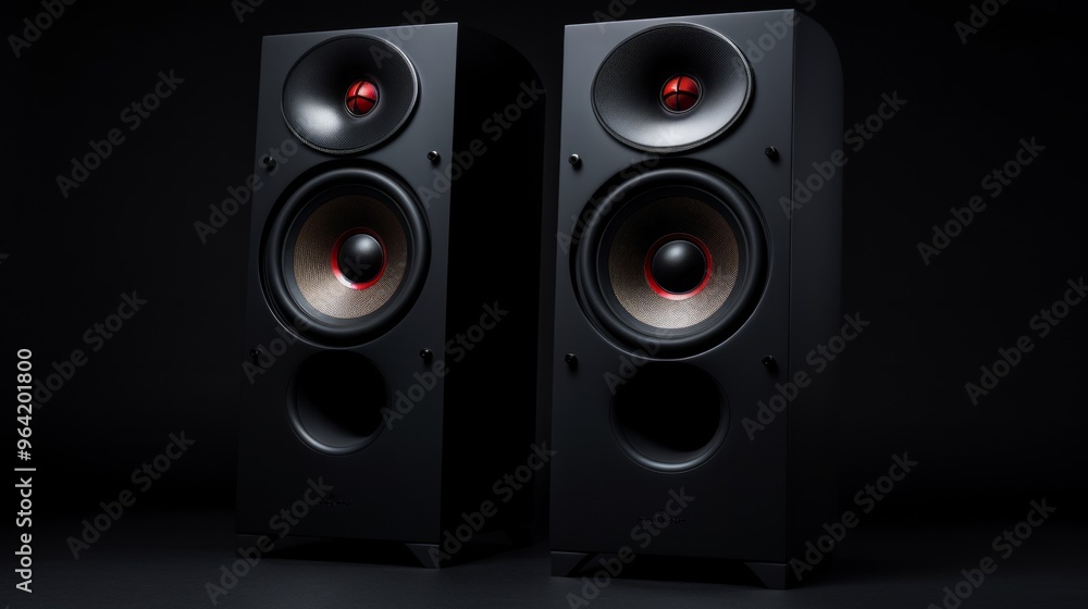 Sound speakers with free space between them on black. Neural network ai generated art Sound speakers with free space between them on black. Neural network ai generated art