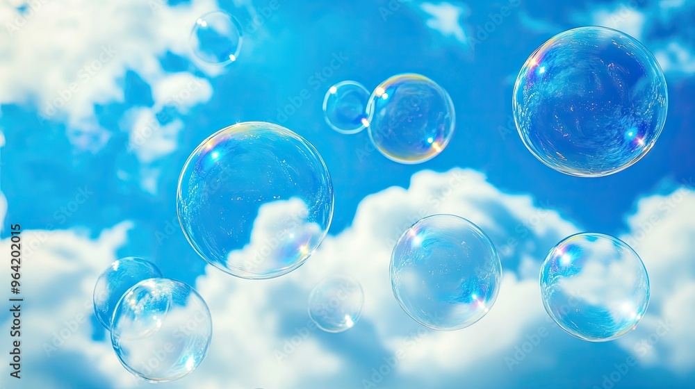 soap bubbles floating over a fluffy cloud-like surface against a bright blue sky with a few clouds soap bubbles floating over a fluffy cloud-like surface against a bright blue sky with a few clouds