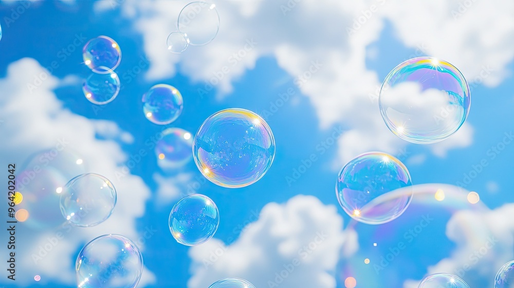 soap bubbles floating over a fluffy cloud-like surface against a bright blue sky with a few clouds soap bubbles floating over a fluffy cloud-like surface against a bright blue sky with a few clouds