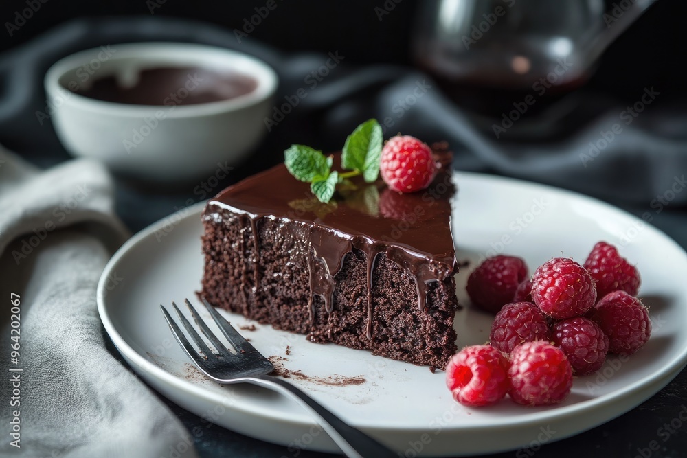 A decadent flourless chocolate almond cake with a glossy chocolate glaze, served with a side of raspberries A decadent flourless chocolate almond cake with a glossy chocolate glaze, served with a side of raspberries