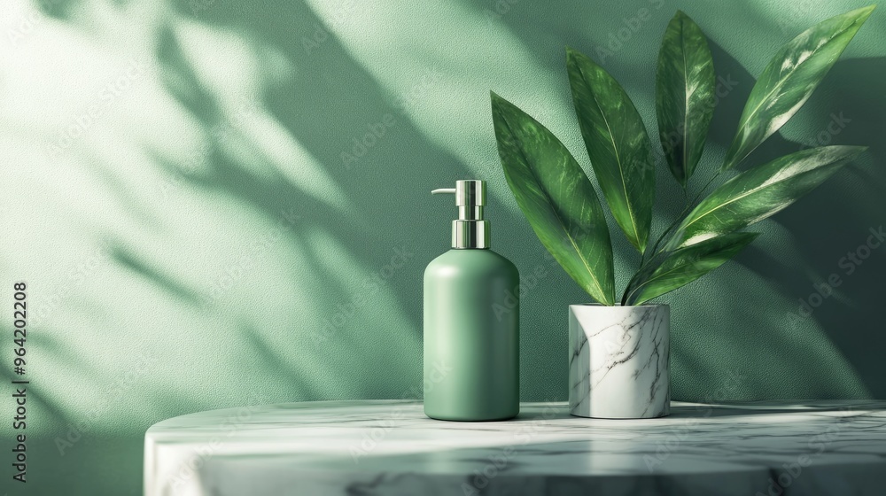 Cosmetic bottle container with green leave and marble Cosmetic bottle container with green leave and marble