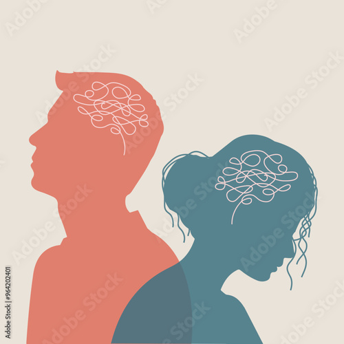 Metaphor mental health disorder. Male and female silhouette. Split personality. Concept of anxiety, mood disorder, psychology. Dual personality. Tangled thoughts. Emotional struggles