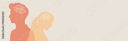 Metaphor mental health disorder. Male and female silhouette. Split personality. Concept of anxiety, mood disorder, psychology. Dual personality. Tangled thoughts. Emotional struggles.