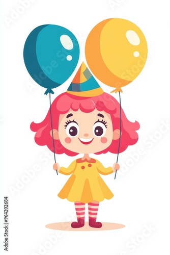 A whimsical cartoon featuring a joyful girl with vibrant pink hair, donning a cheerful clown costume against a crisp white backdrop.