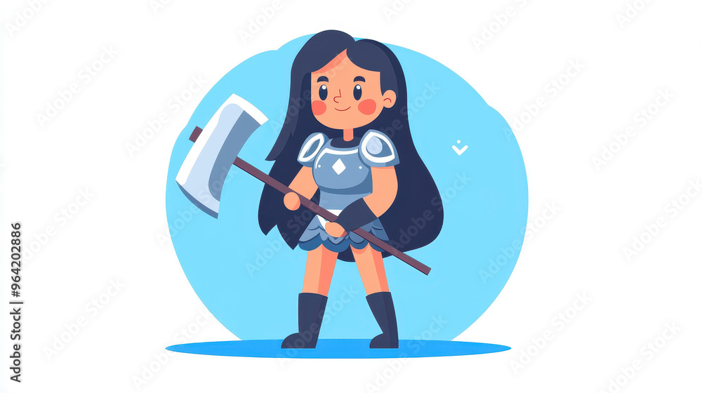 A stunning girl wielding a huge ax, clad in armor, stands boldly against a vibrant blue fantasy backdrop.