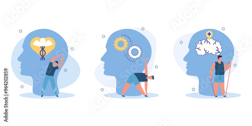 Mental health illustration showing individuals practicing stress relief and recovery through yoga and mental exercises, representing the journey from struggle to healing.