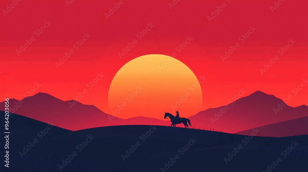 A lone rider on horseback stands silhouetted against a stunning sunset, capturing the essence of solitude and adventure. A lone rider on horseback stands silhouetted against a stunning sunset, capturing the essence of solitude and adventure.