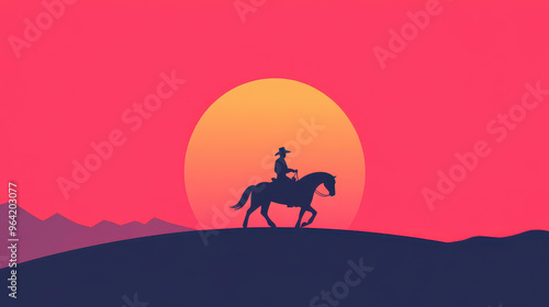 A striking silhouette of a cowboy on horseback under a vivid red sunset, embodying the Wild Wests spirit in style.