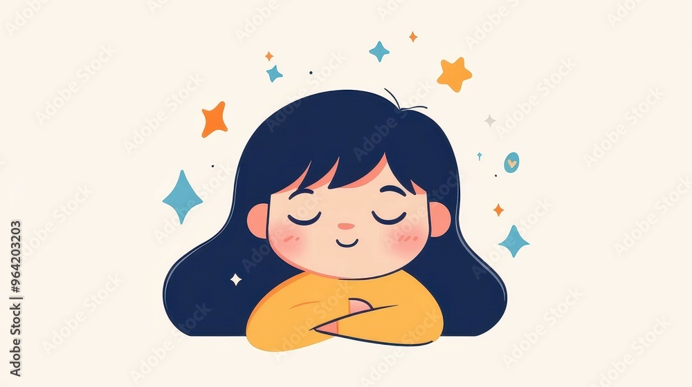 A charming cartoon woman peacefully sleeps, showcasing her adorable attributes in a modern flat illustration style. A charming cartoon woman peacefully sleeps, showcasing her adorable attributes in a modern flat illustration style.