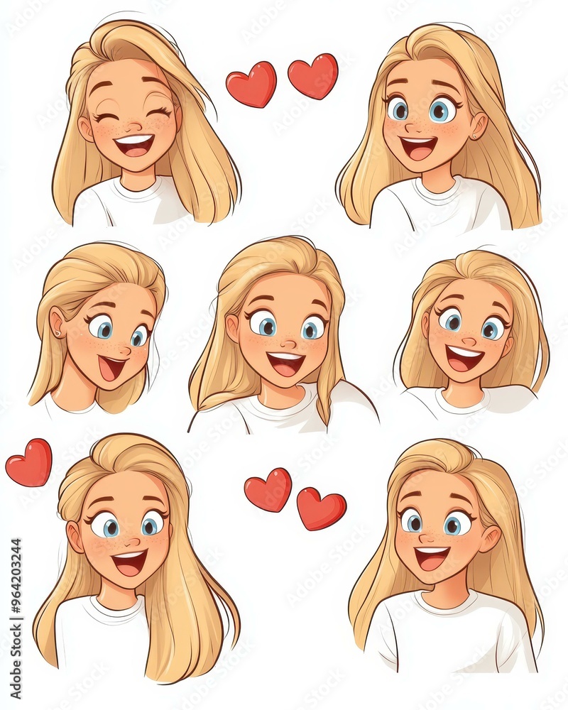 A vibrant style sheet featuring a cute tanned woman with blonde hair, showcasing various smiling expressions in animation. A vibrant style sheet featuring a cute tanned woman with blonde hair, showcasing various smiling expressions in animation.
