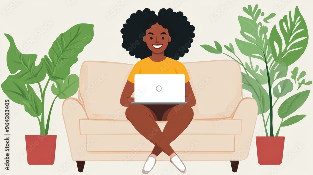 A joyful woman relaxes on a sofa, using her laptop in this clean, illustrated scene, radiating comfort and productivity. A joyful woman relaxes on a sofa, using her laptop in this clean, illustrated scene, radiating comfort and productivity.
