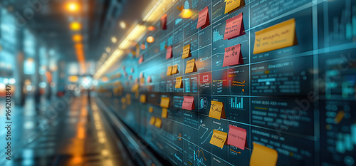 A wall covered with colorful sticky notes and diagrams. It is a representation of brainstorming, planning, and project management.